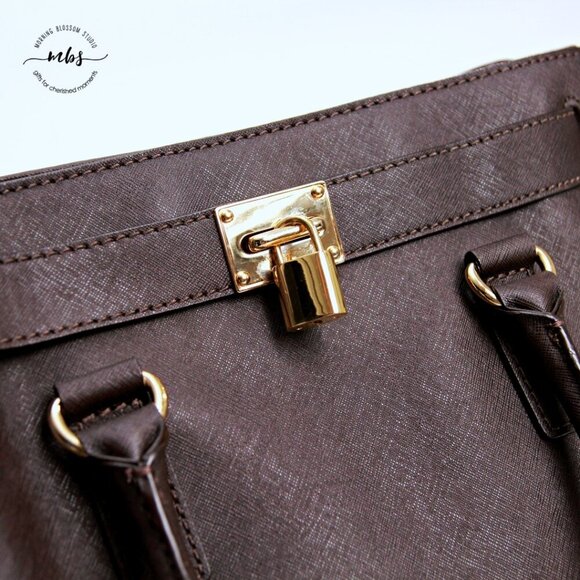 Michael Kors Hamilton Saffiano Chain Leather Brown Gold Shoulder Tote Bag Duster - Picture 9 of 16